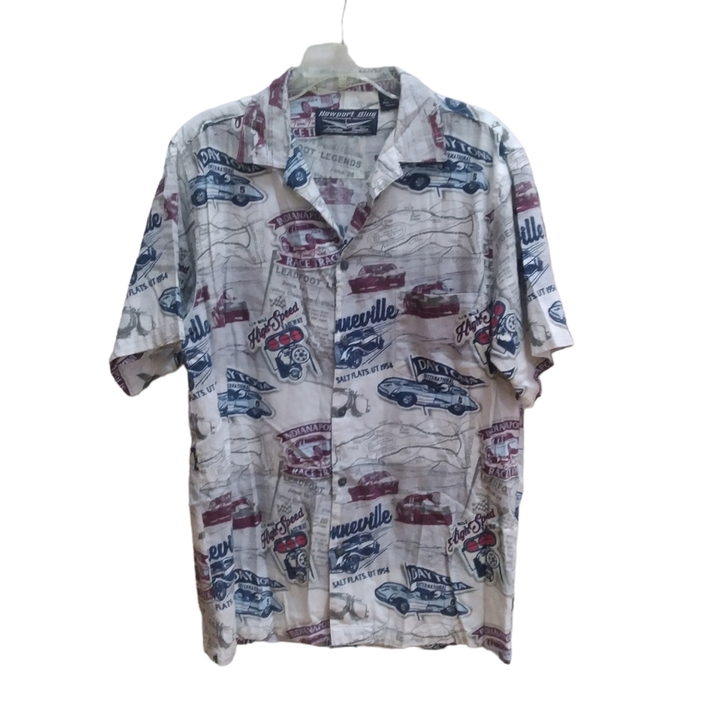 Newport Blue Shirt Mens Size L Raceway Short Sleeve Button Down Graphic